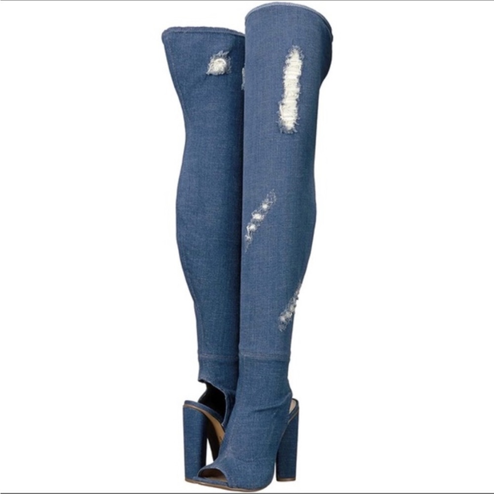 Steve Madden Tonic Over Knee Boots Distressed Denim Jeans Heels size 6